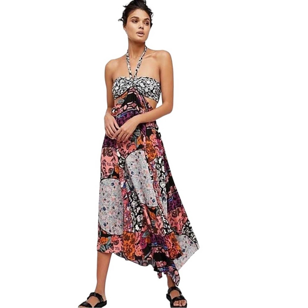 Free People California Love Maxi Halter Dress Black Boho Floral Cut Out Detail 2